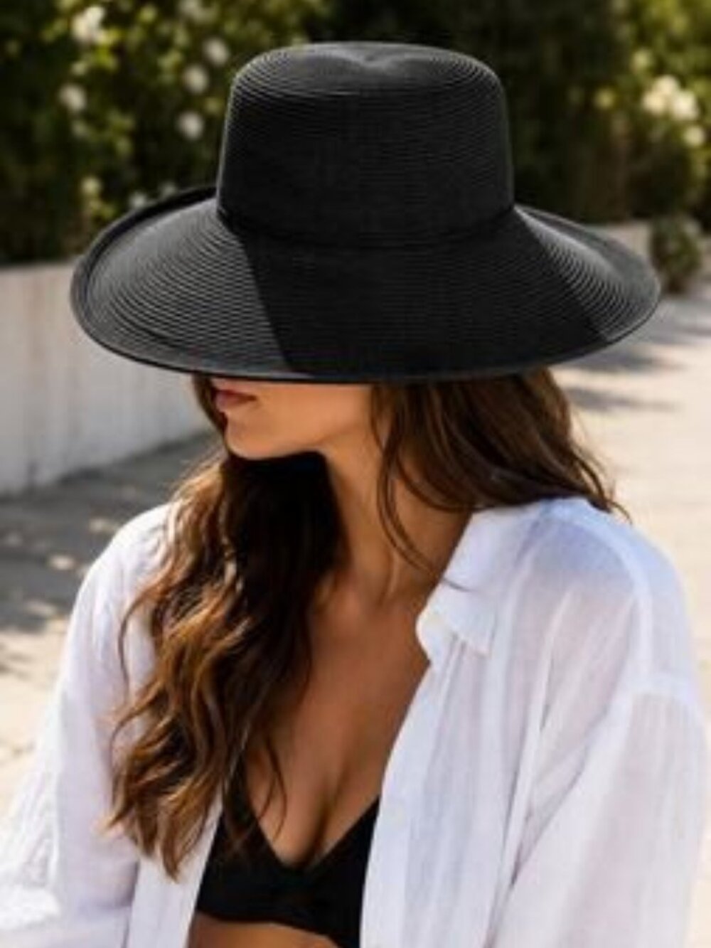 Eric Javits ~ Squishee Packable Black Wide Brim Fedora Sun Hat OS UPF 50+